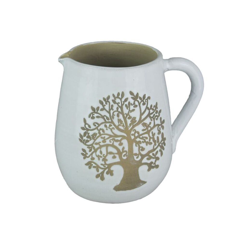 White Ceramic Vintage Finish Family Tree Design Decorative Pitcher